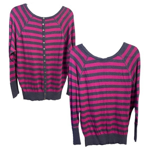 Lg Derek Heart Striped Casual Button Back or Front Knit Long‎ Ribbed Sleeve Top